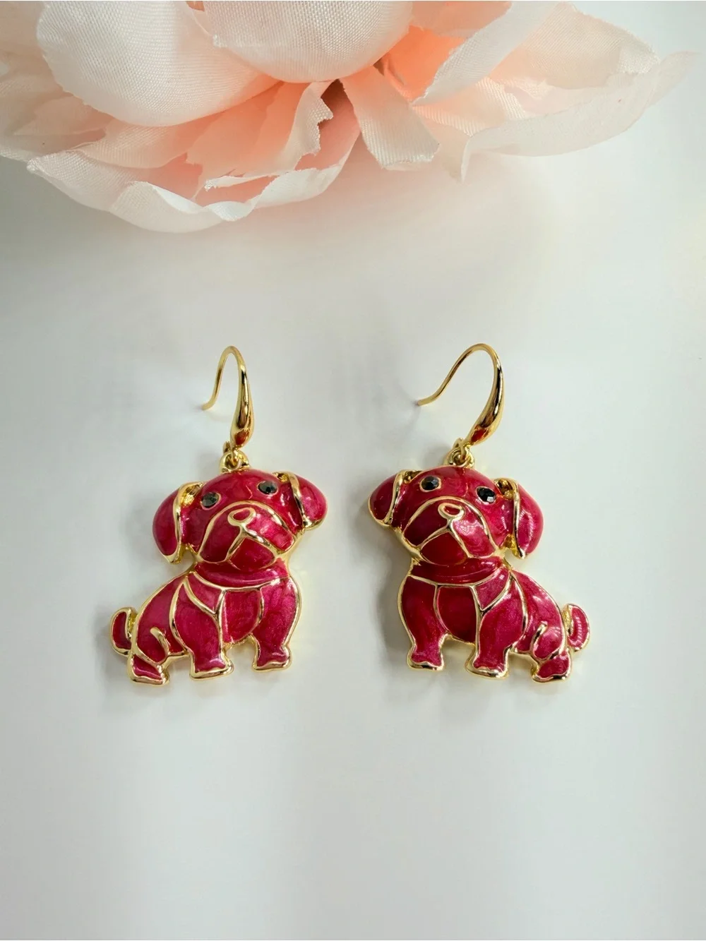 Gold-Trim Red Puppy Dog Drop Earrings - Fashion Pet Jewelry